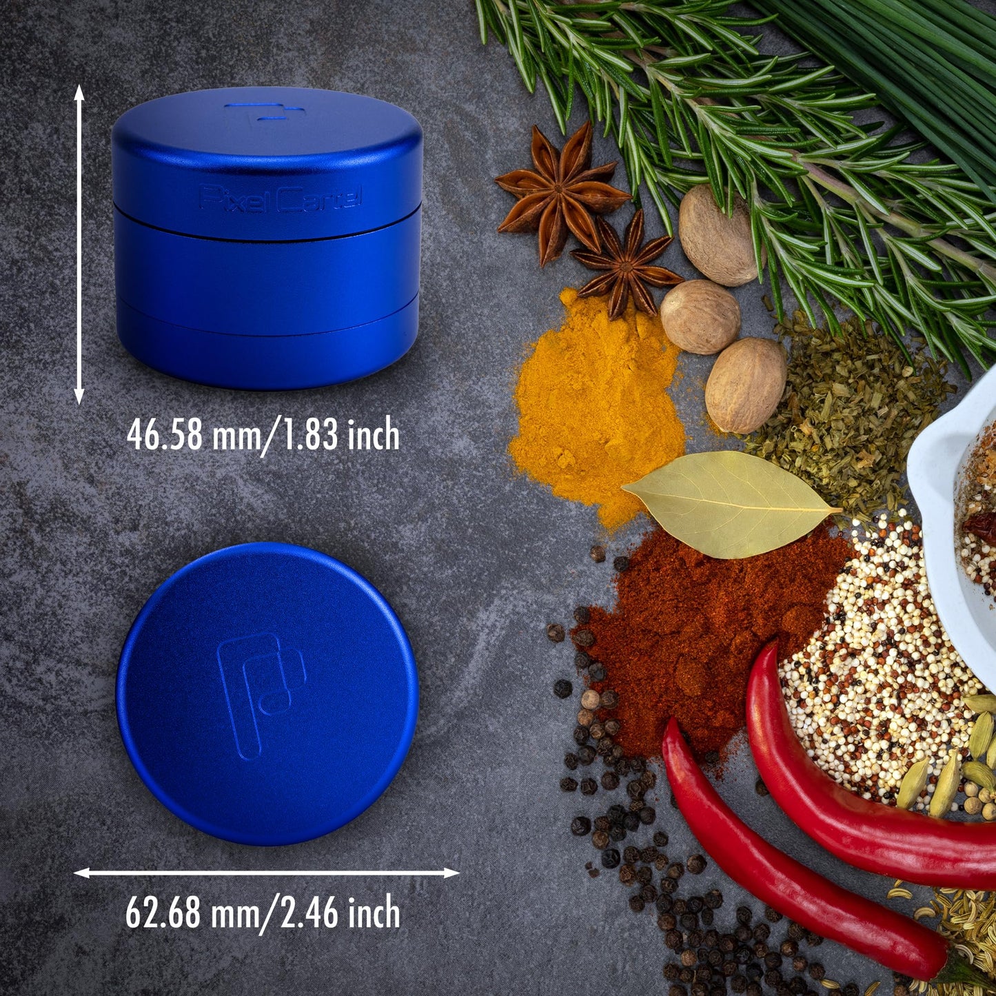 Pixel Cartel Herb Grinder Spice Mill 2.5 inches - Blue Metal - Flower Mill Innovation - Teethless Grinder
