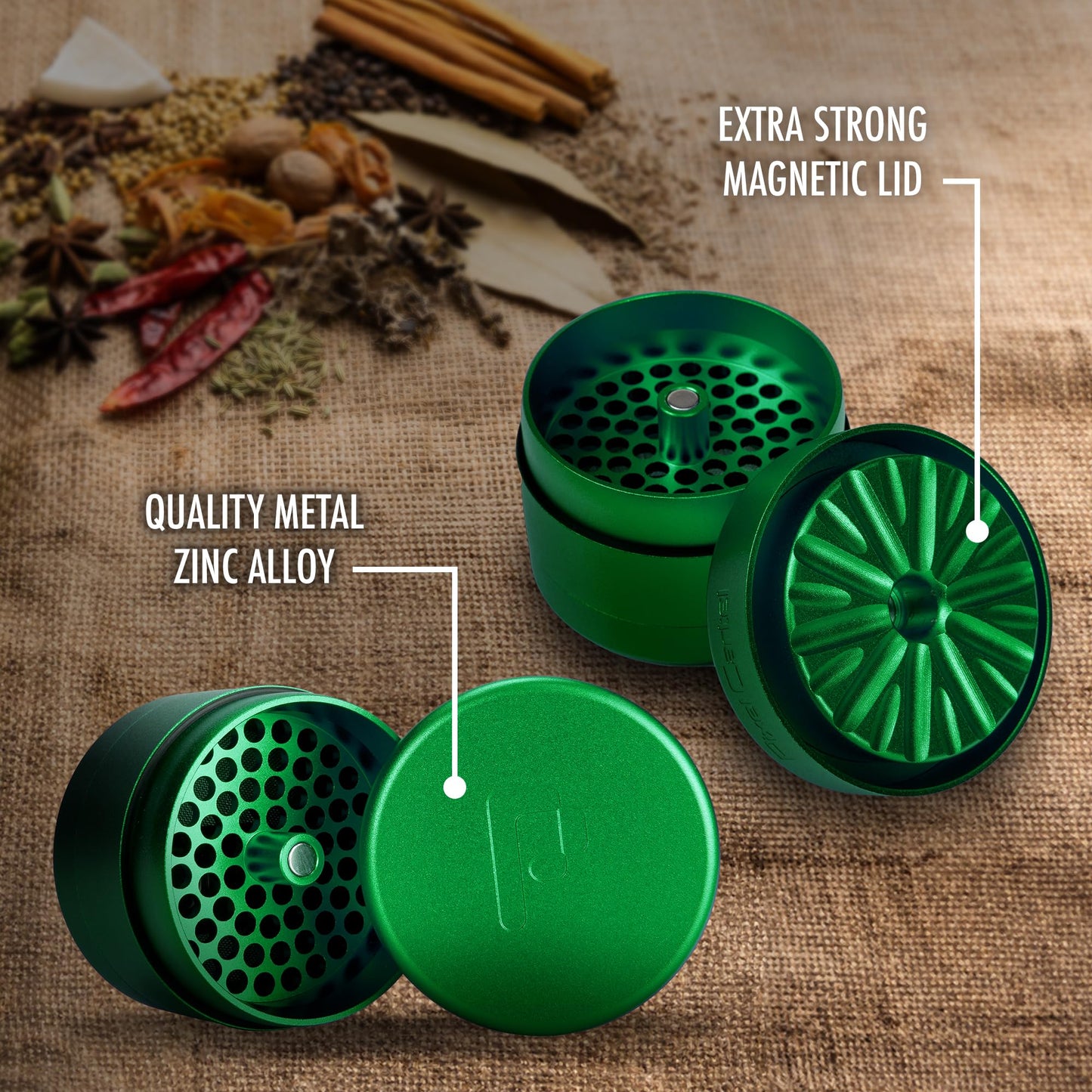Pixel Cartel Herb Grinder Spice Mill 2.5 inches - Green Metal - Flower Mill Innovation - Teethless Grinder