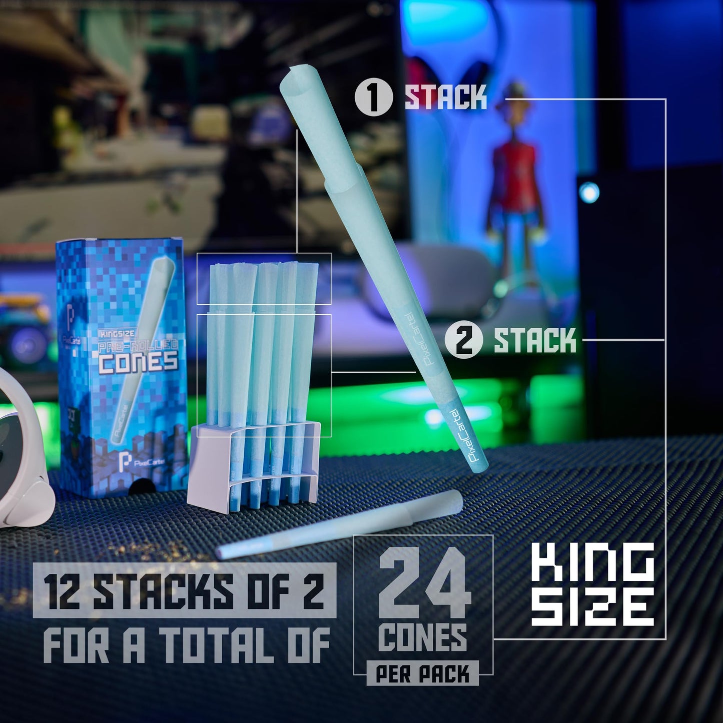 Pixel Cartel Pre Rolled Cones - Green and Blue King Size and 1 1/4 Variation