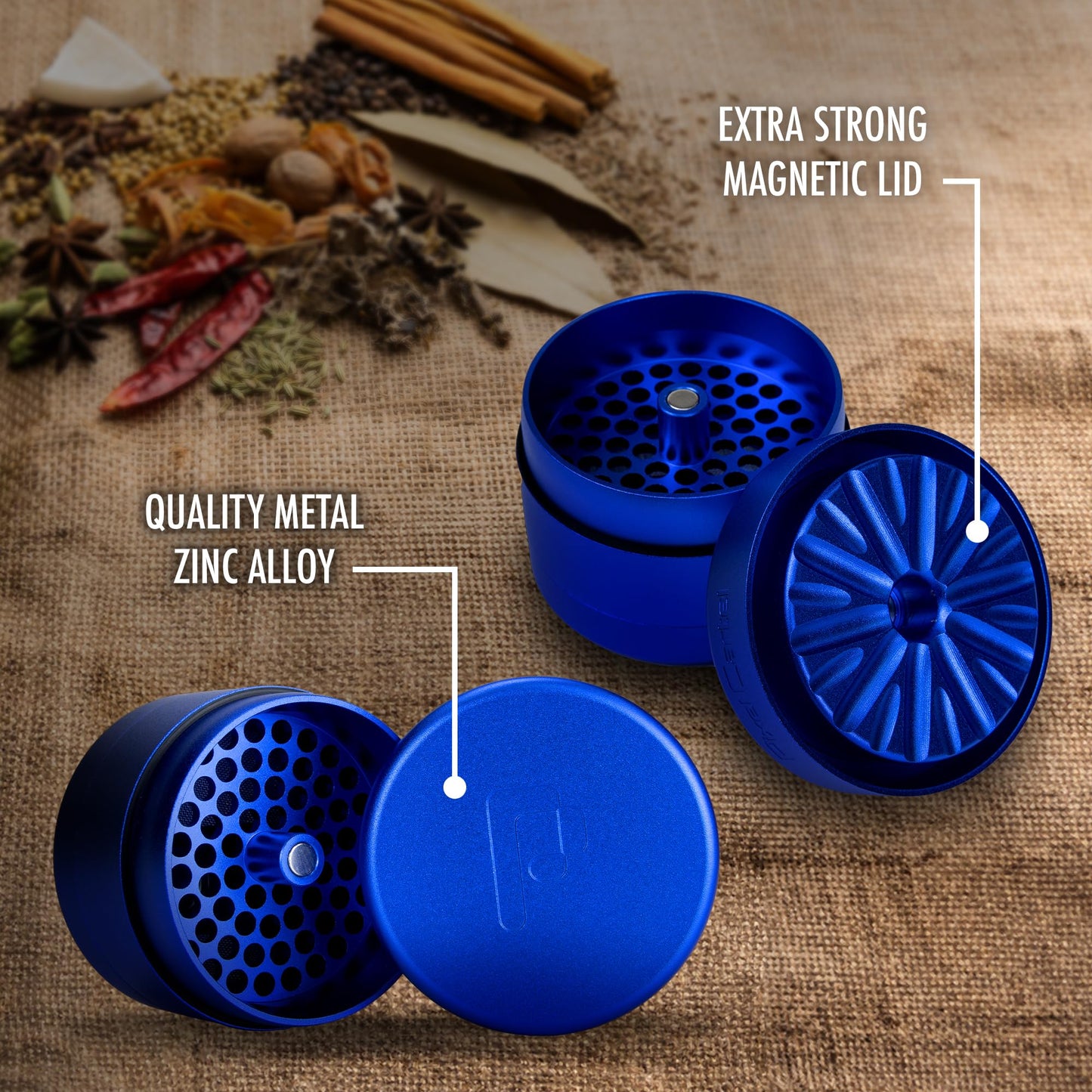 Pixel Cartel Herb Grinder Spice Mill 2.5 inches - Blue Metal - Flower Mill Innovation - Teethless Grinder