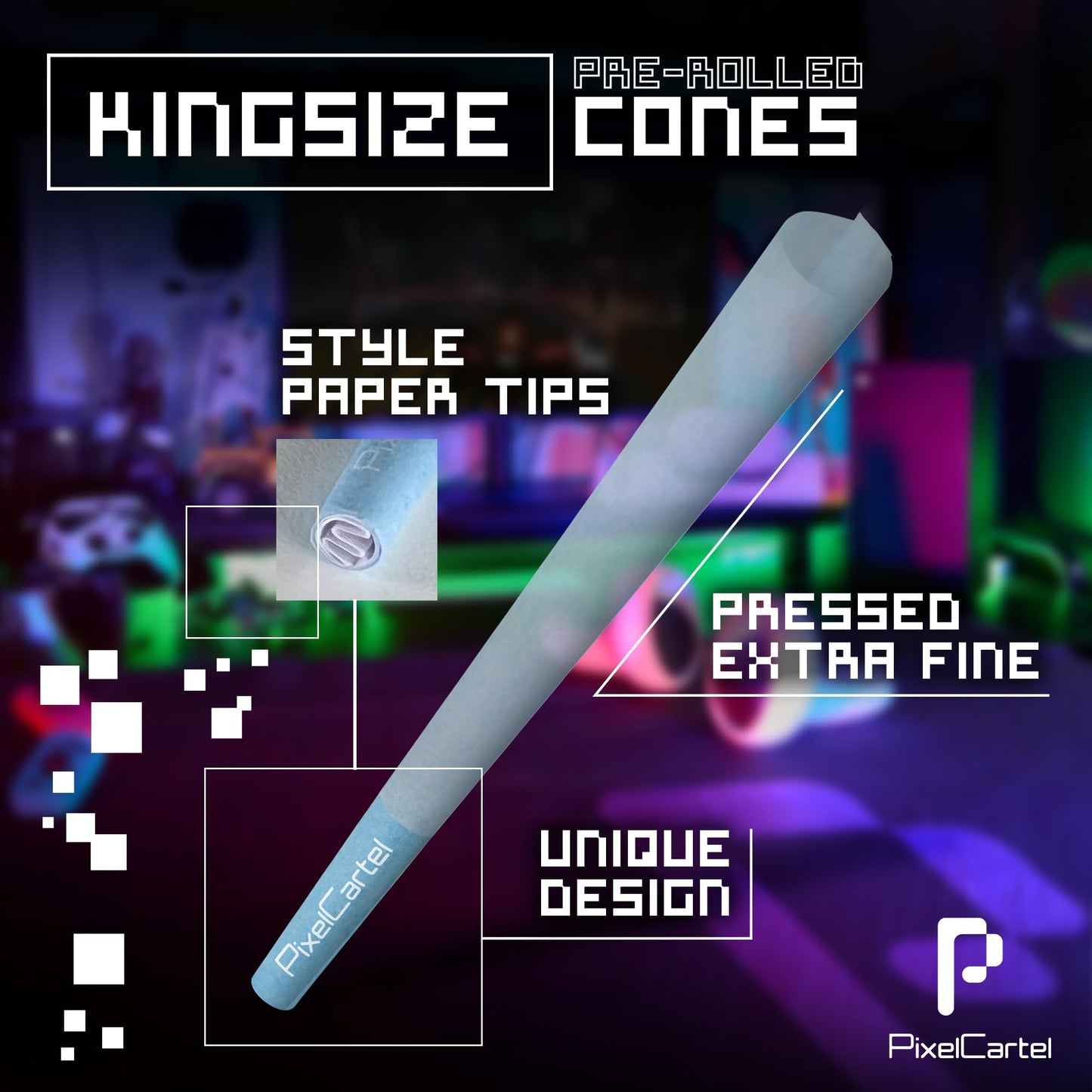 Pixel Cartel Pre Rolled Cones - Green and Blue King Size and 1 1/4 Variation