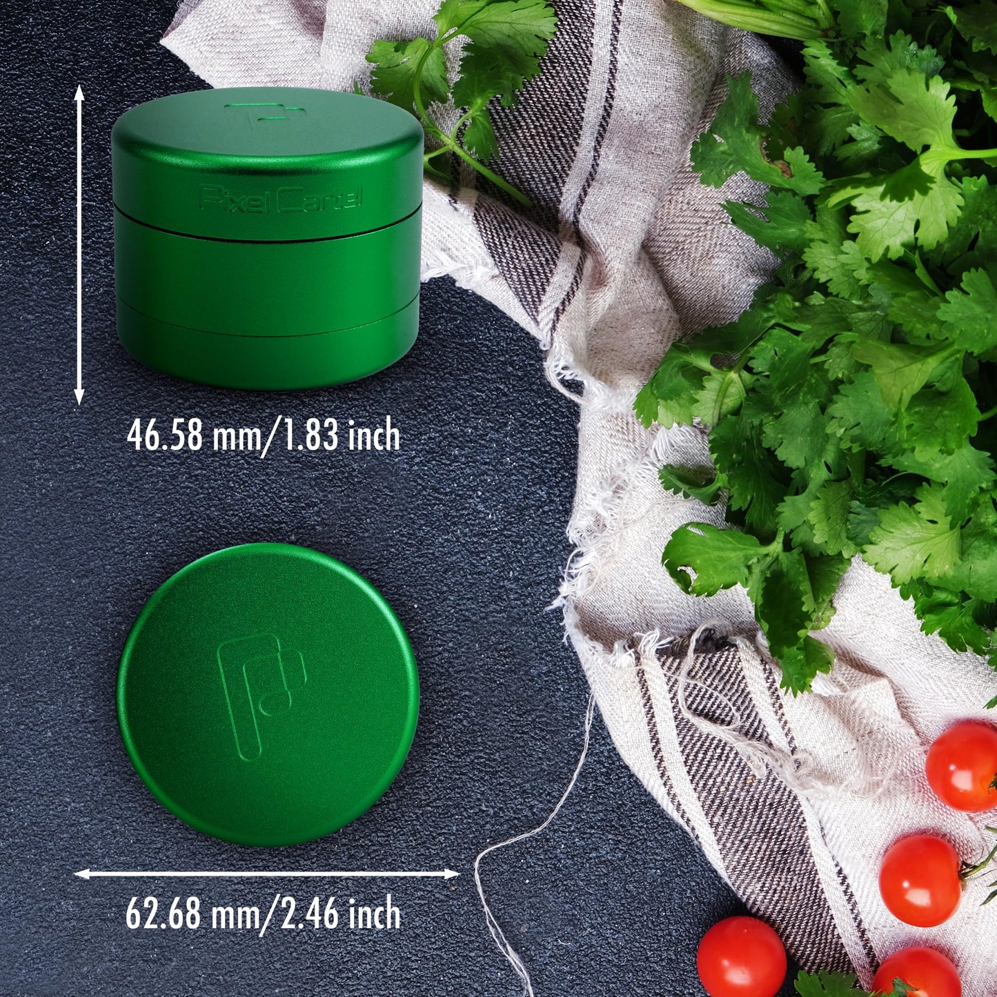 Pixel Cartel Herb Grinder Spice Mill 2.5 inches - Green Metal - Flower Mill Innovation - Teethless Grinder