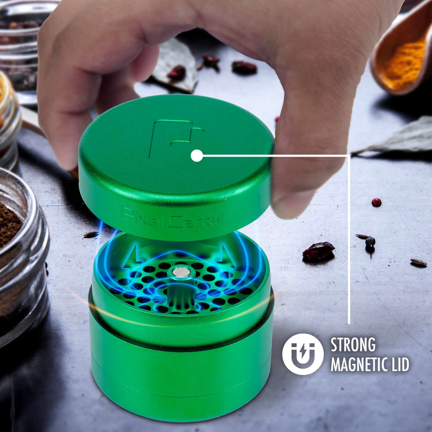 Pixel Cartel Herb Grinder Spice Mill 2.5 inches - Green Metal - Flower Mill Innovation - Teethless Grinder