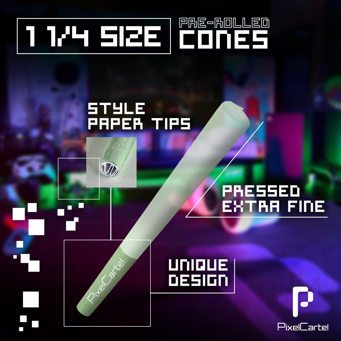 Pixel Cartel Pre Rolled Cones - Green and Blue King Size and 1 1/4 Variation