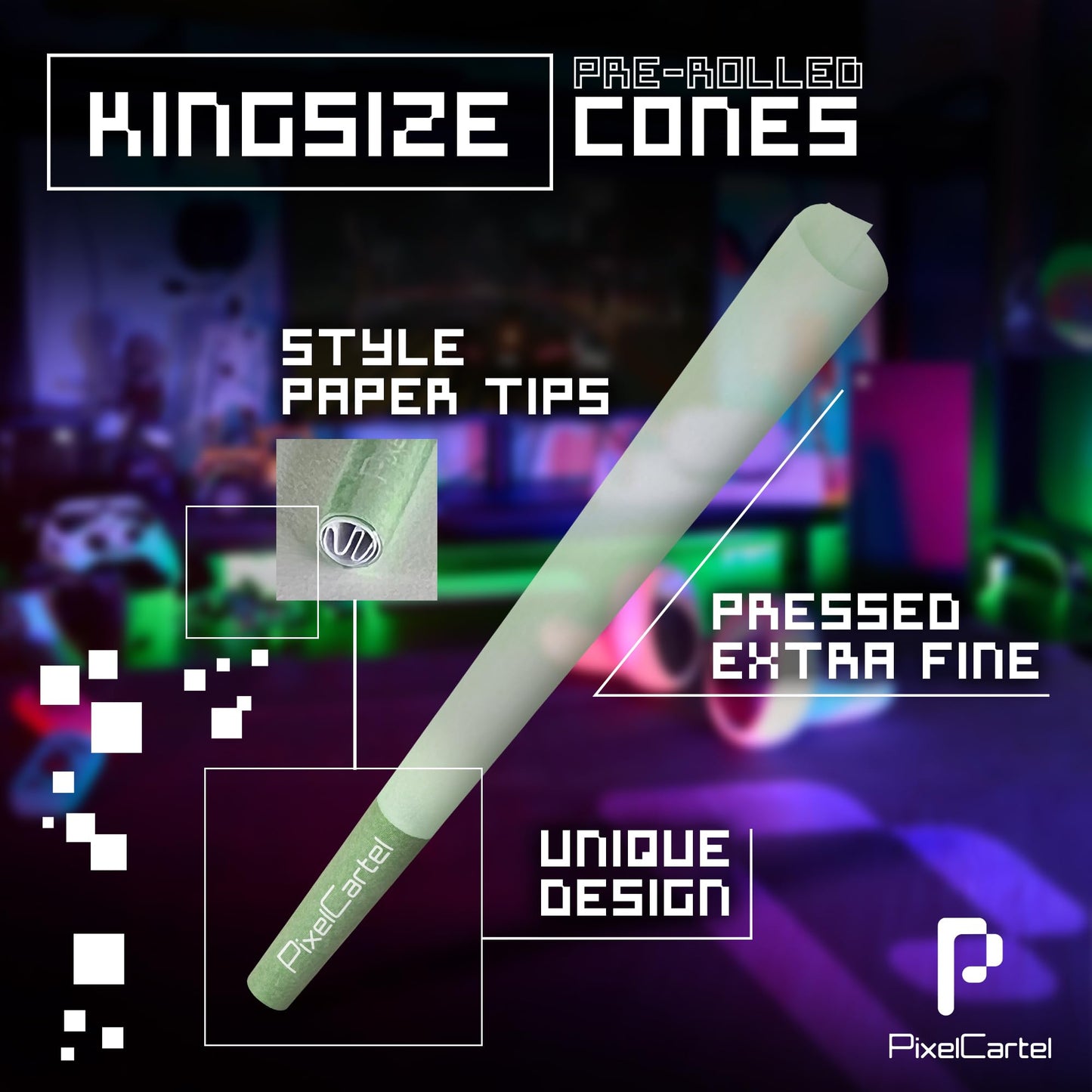 Pixel Cartel Pre Rolled Cones - Green and Blue King Size and 1 1/4 Variation