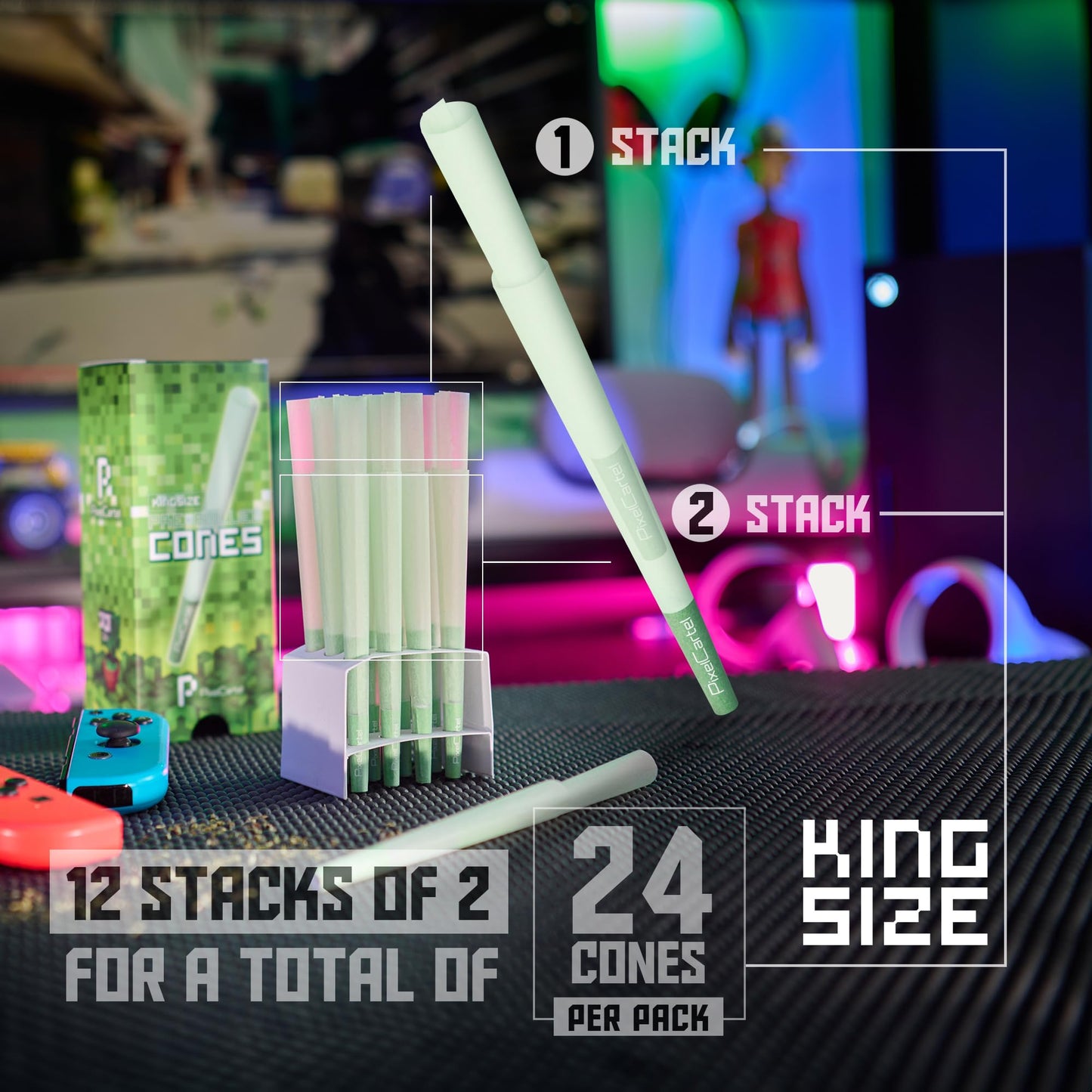 Pixel Cartel Pre Rolled Cones - Green and Blue King Size and 1 1/4 Variation