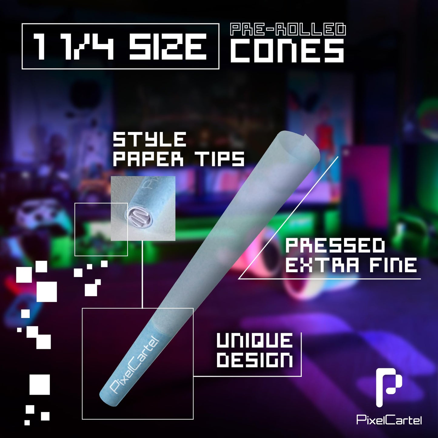 Pixel Cartel Pre Rolled Cones - Green and Blue King Size and 1 1/4 Variation
