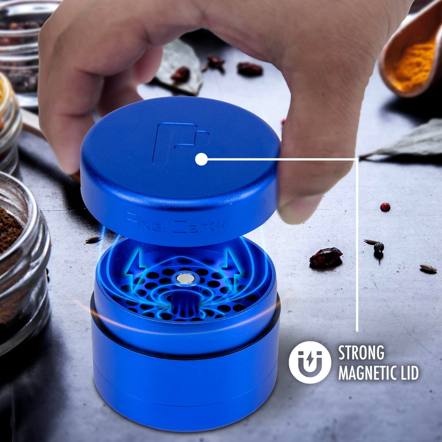 Pixel Cartel Herb Grinder Spice Mill 2.5 inches - Blue Metal - Flower Mill Innovation - Teethless Grinder