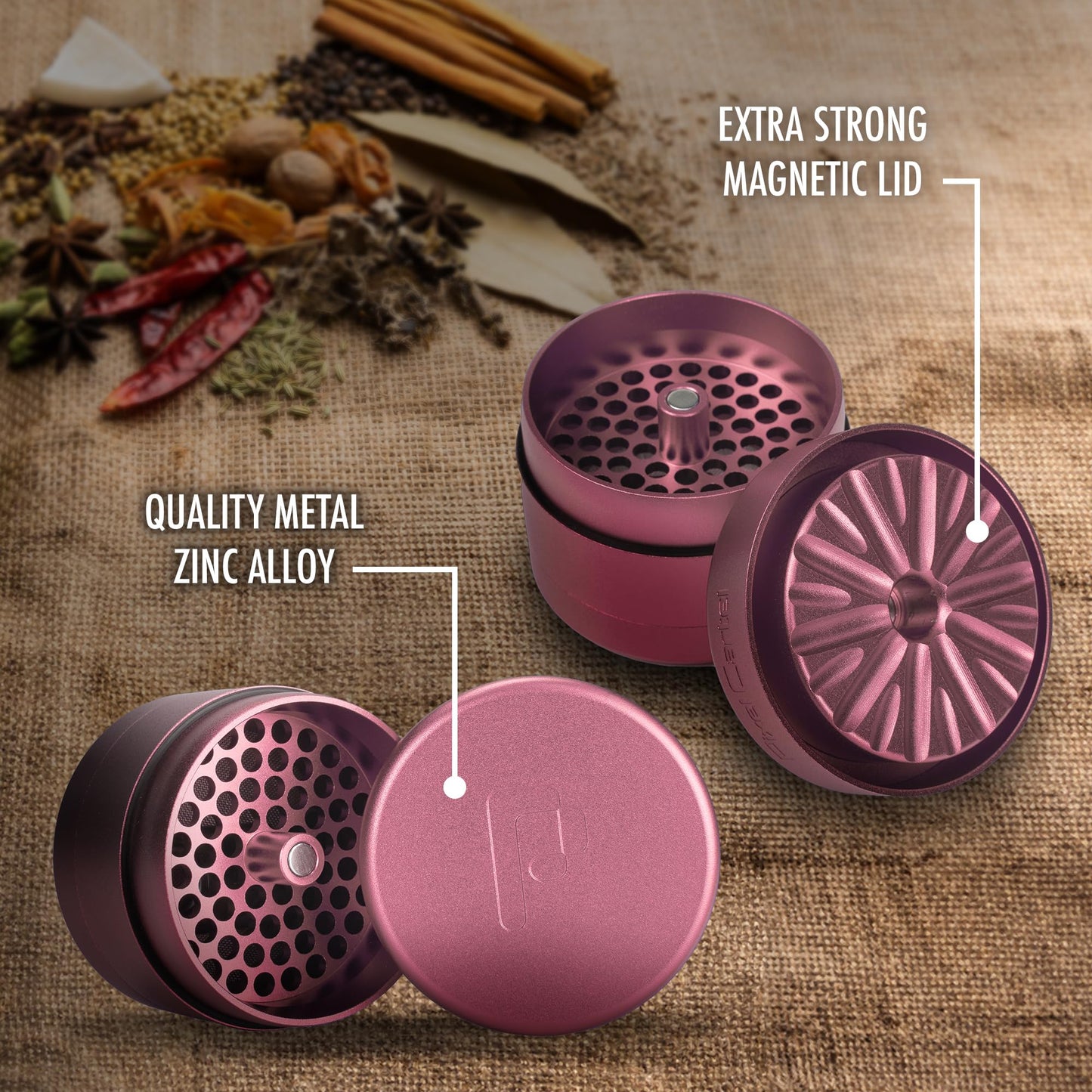Pixel Cartel Herb Grinder Spice Mill 2.5 inches - Pink Metal - Flower Mill Innovation - Teethless Grinder