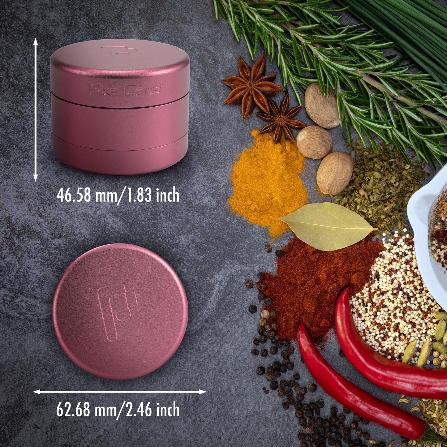 Pixel Cartel Herb Grinder Spice Mill 2.5 inches - Pink Metal - Flower Mill Innovation - Teethless Grinder