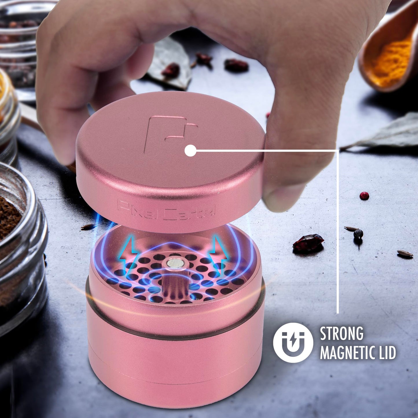 Metal Herb Grinder 63mm (2.5”) - Premium Aluminium Herb & Spice Grinder - 4 Piece Manual Grinding Mill with Pollen Catcher - Large Capacity Grinder - Pixel Cartel