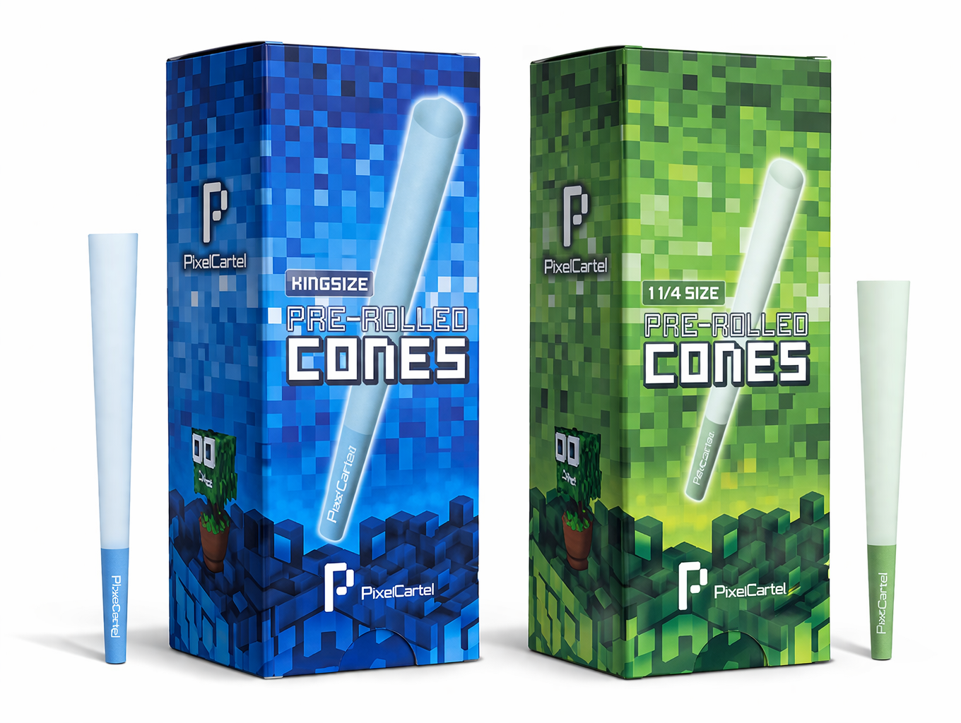 Pixel Cartel Pre Rolled Cones - Green and Blue King Size and 1 1/4 Variation